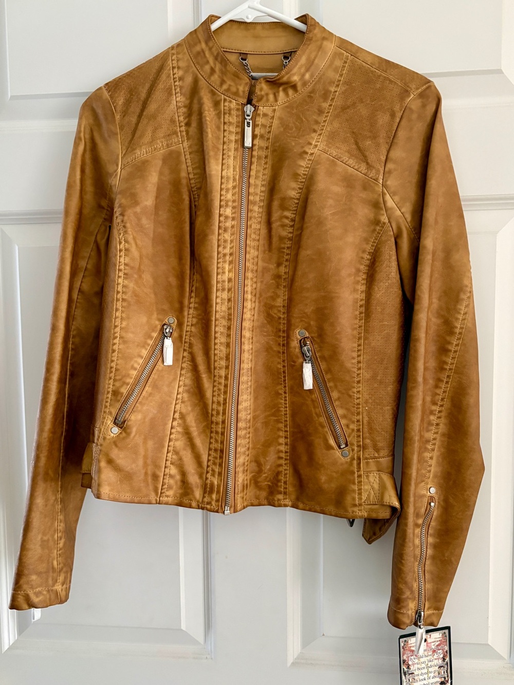 Women's Tan Faux Leather Zip-Front Moto Jacket